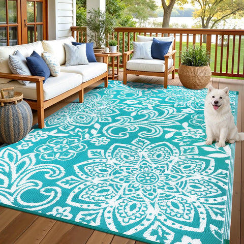 Findosom alfombra exterior frontal mostrando diseño mandala reversible y estética decorativa