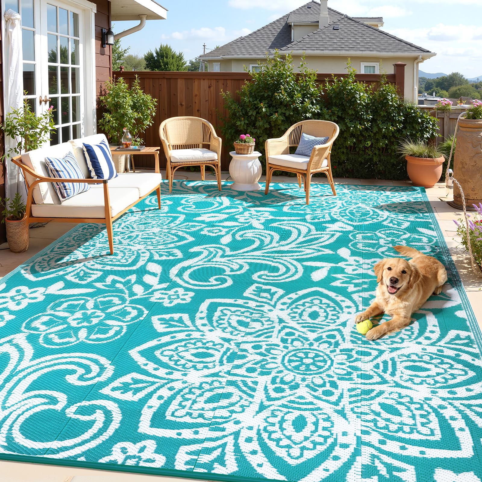 Findosom alfombra exterior frontal mostrando patrón mandala y tamaño 8x10 útil