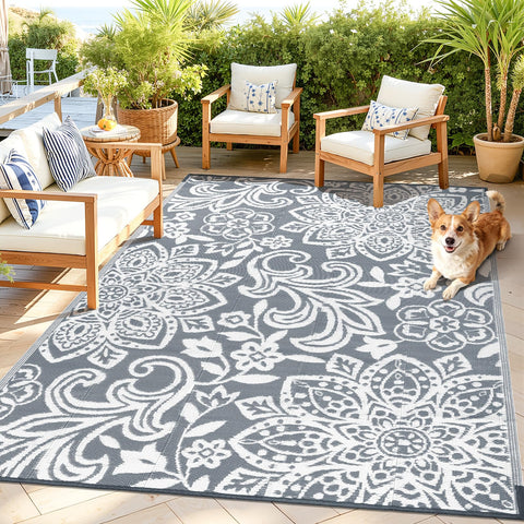 Findosom alfombra exterior frontal mostrando diseño mandala y resistencia