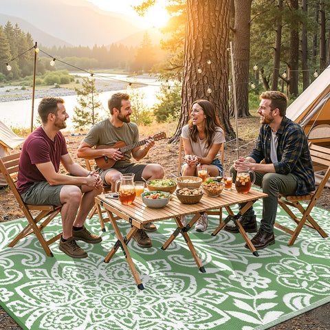 Findosom alfombra en porche con mesa, añade confort y protección exterior