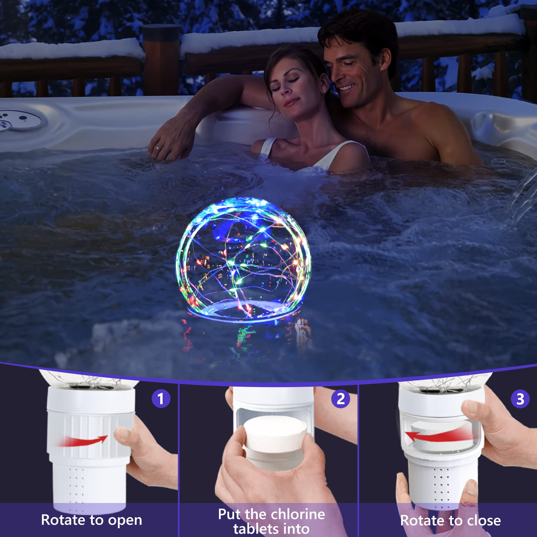 FineBud flotador iluminado en piscina por la noche creando ambiente decorativo