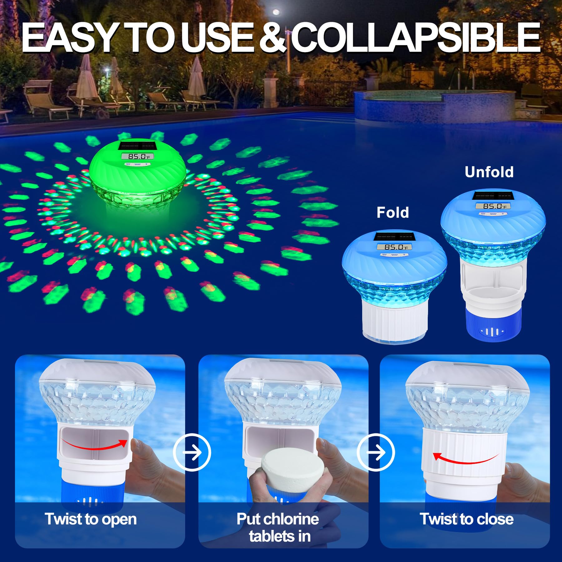 FineBud flotando en piscina nocturna con luces, crea ambiente festivo