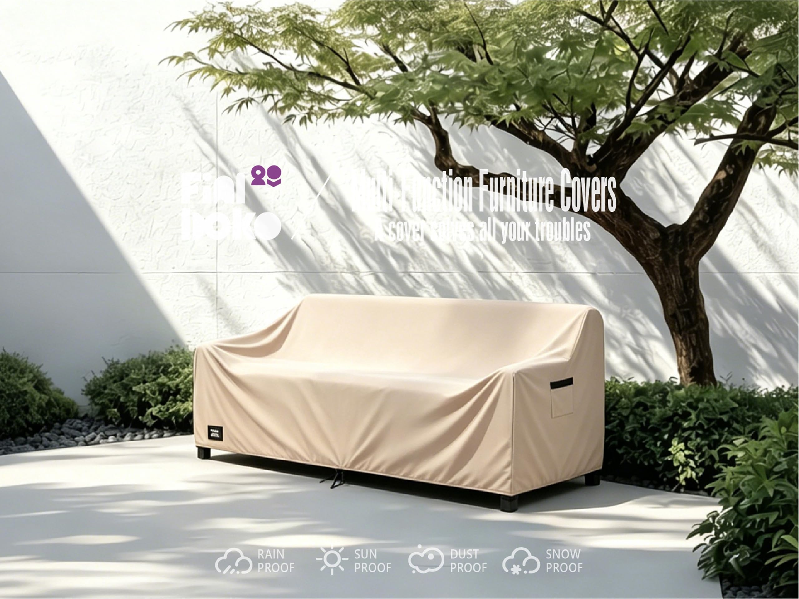 Finiboko funda colocada en sofá de patio creando estética minimalista