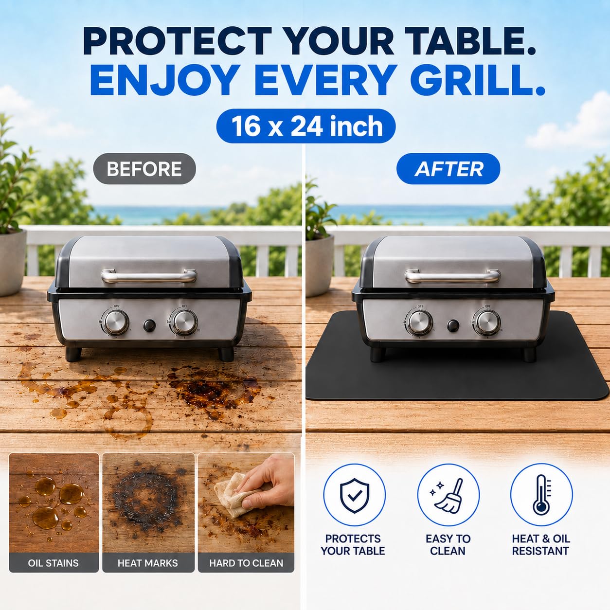 FIREWESS tapete en camping protegiendo mesa en ambiente al aire libre