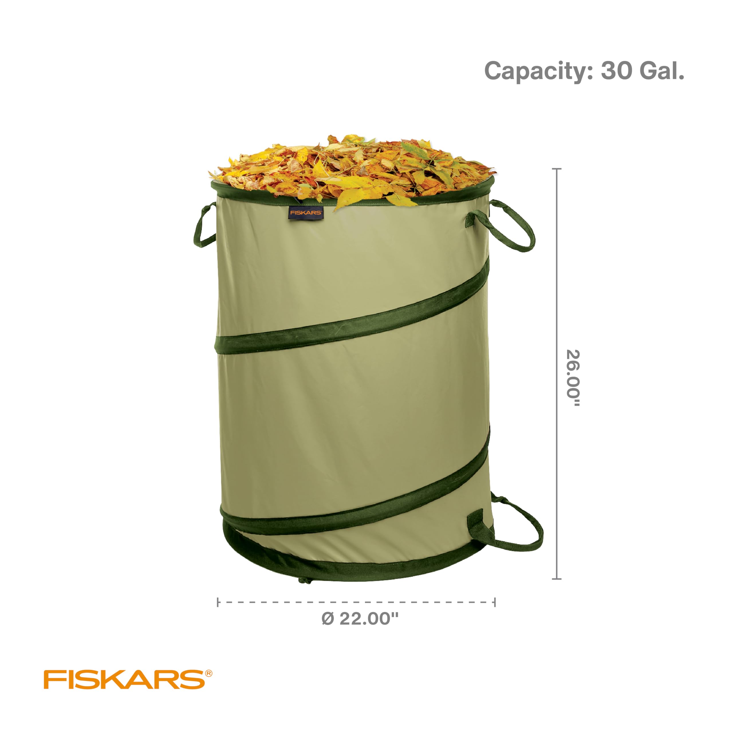 Fiskars comparación de tamaño mostrando capacidad real de 30 galones