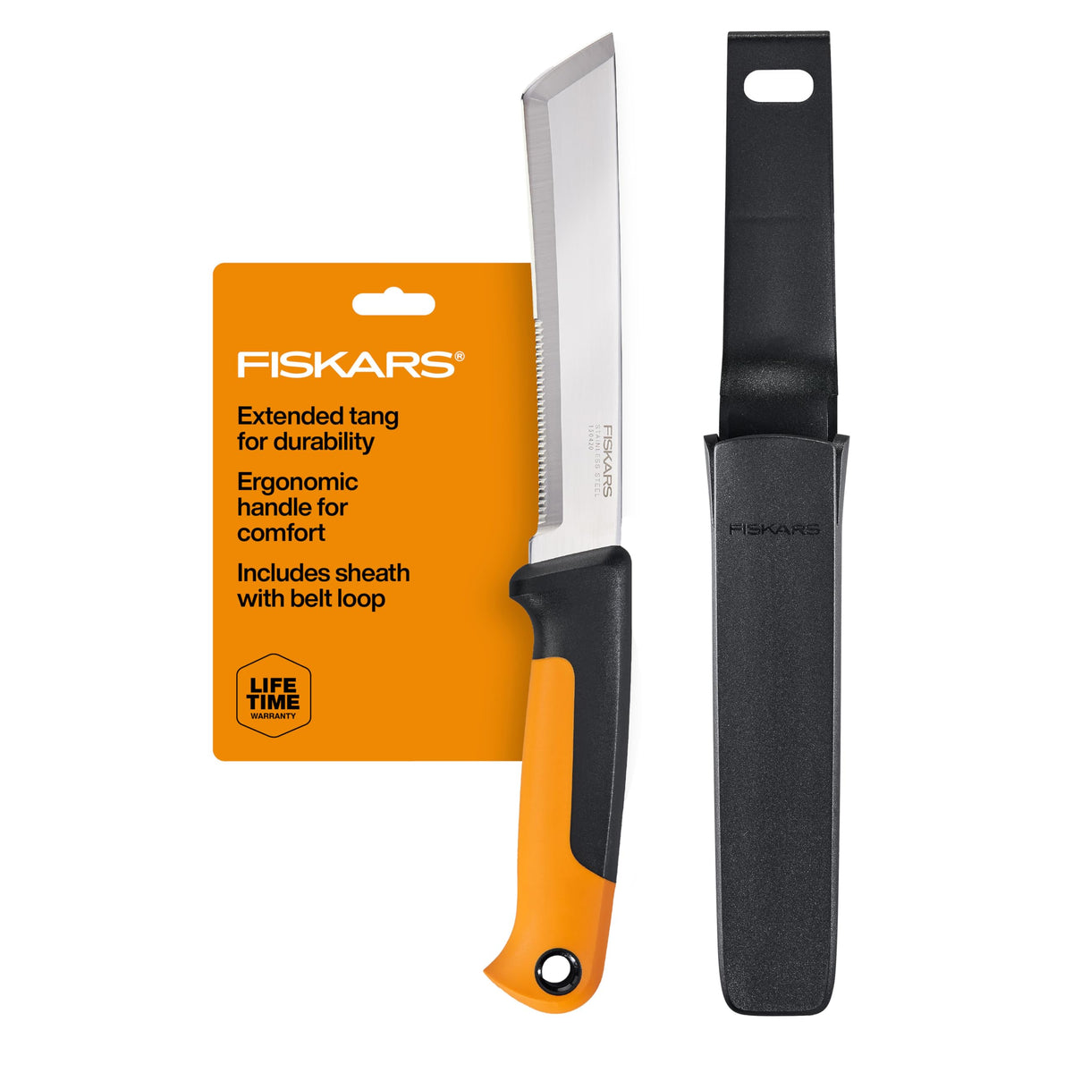 Fiskars cuchillo de cosecha frontal muestra hoja y mango cómodos