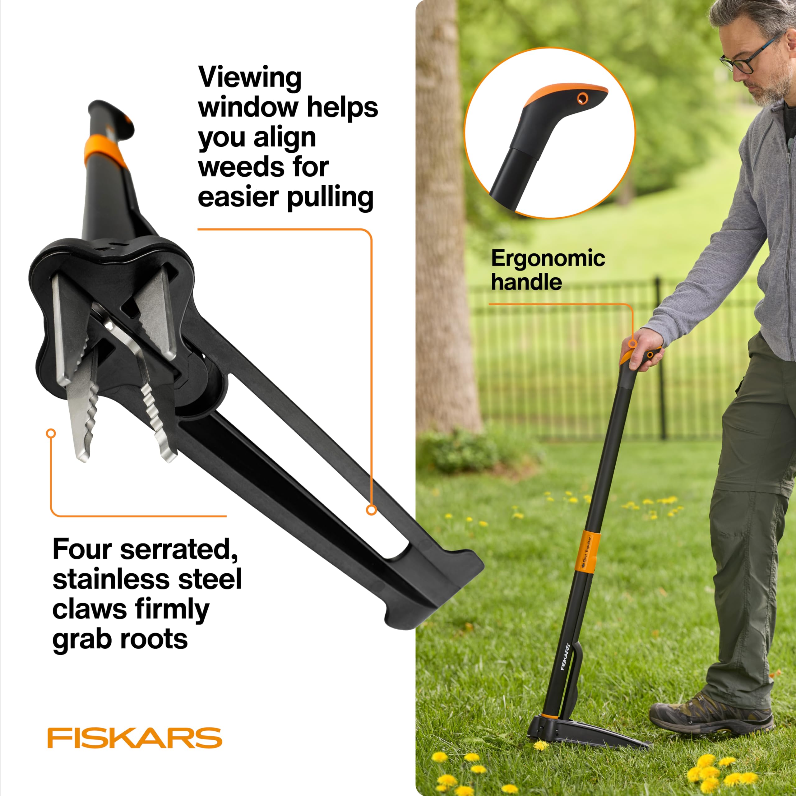 Fiskars en uso extrayendo un diente de león sin agacharse