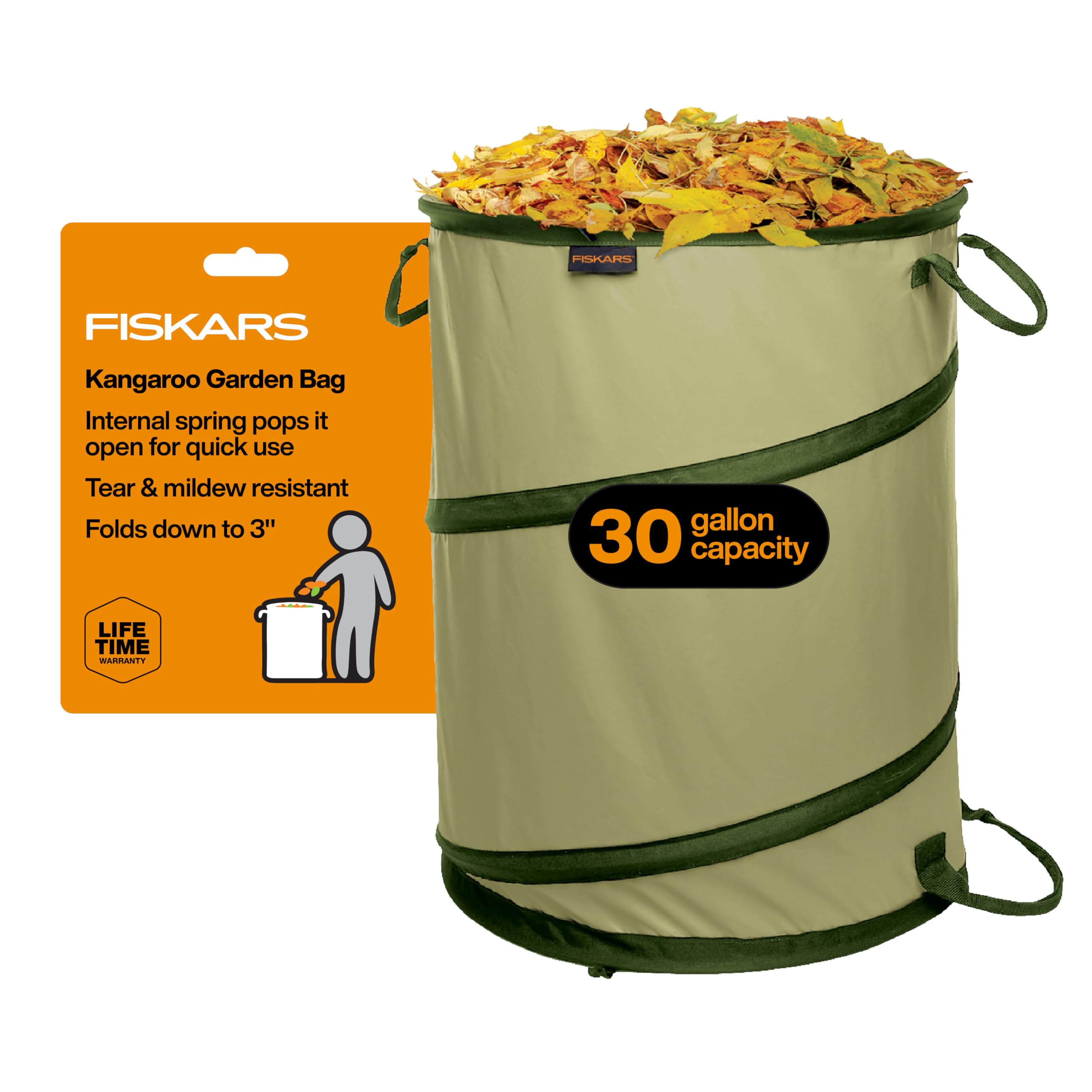 Fiskars frente de la bolsa Kangaroo abierta, fácil recogida de hojas