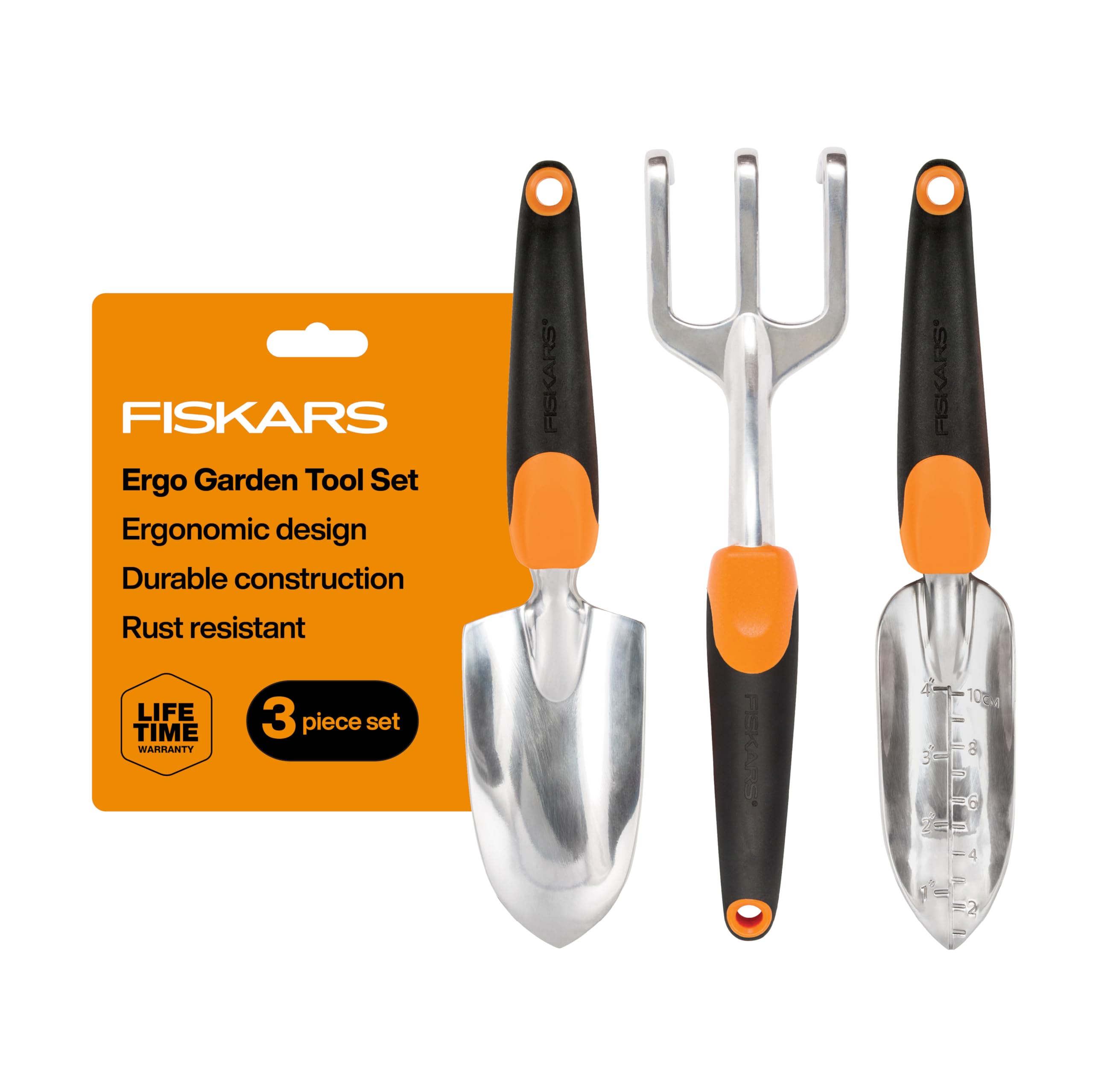 Fiskars frente del set mostrando paleta trasplantador y cultivador para mayor versatilidad