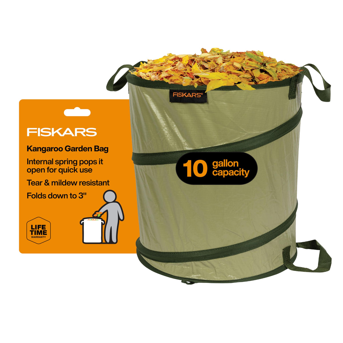 Fiskars bolsa frontal abierta mostrando capacidad y fácil acceso