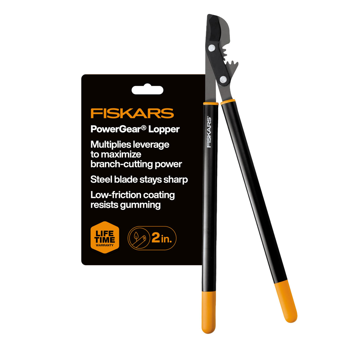 Fiskars lopper frontal mostrando diseño largo y potencia de corte