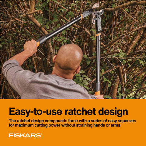 Fiskars detalle del mecanismo de trinquete, multiplica fuerza y minimiza esfuerzo manual