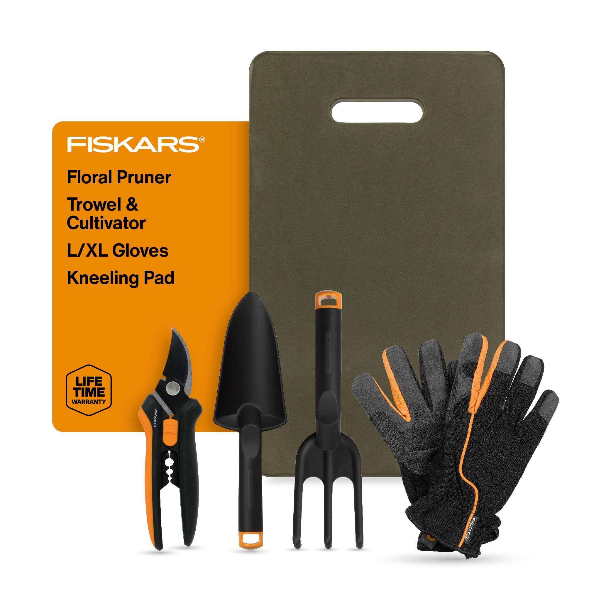 Fiskars set 5 piezas frente mostrando todas las herramientas y organización práctica