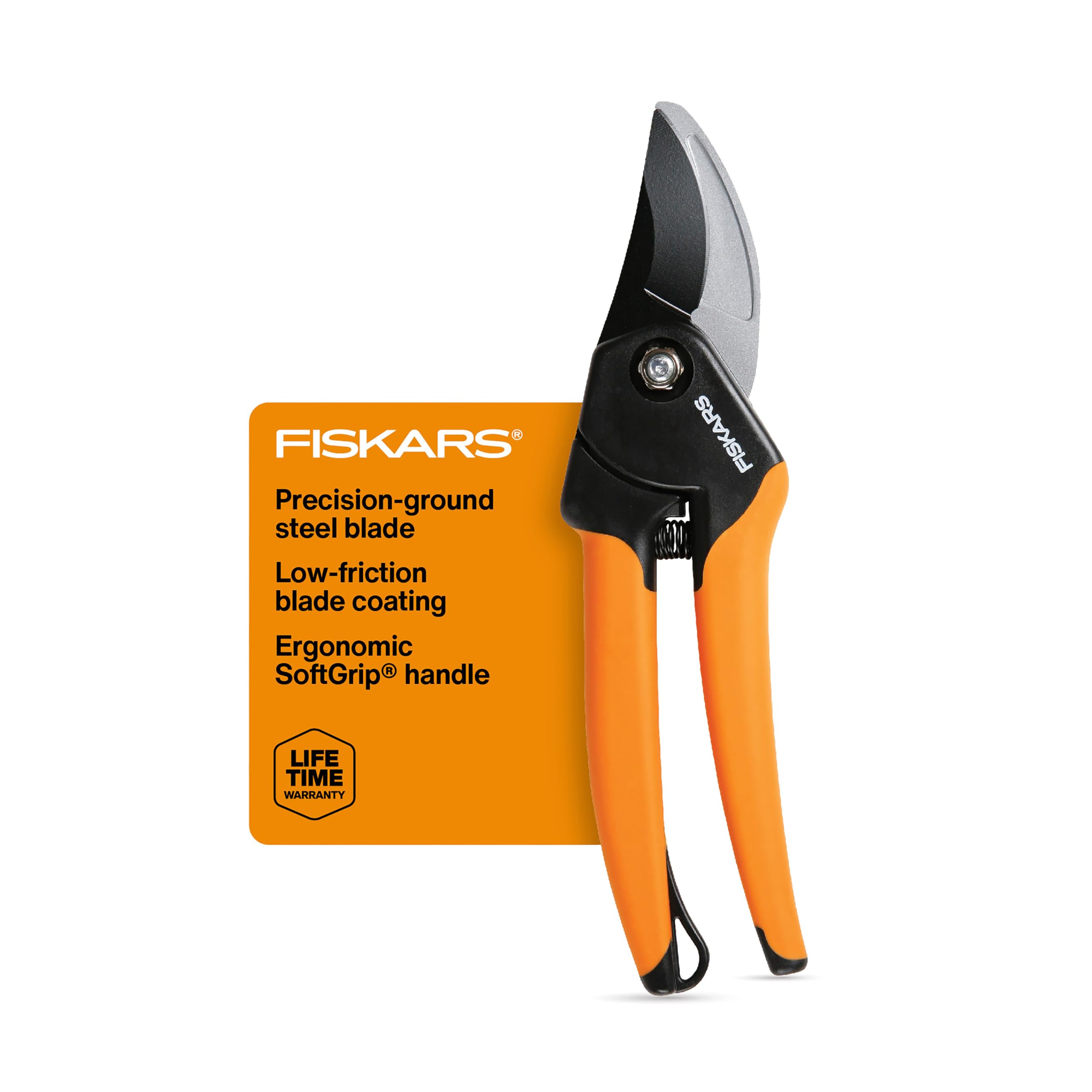 Fiskars podadora frontal mostrando diseño compacto y agarre cómodo