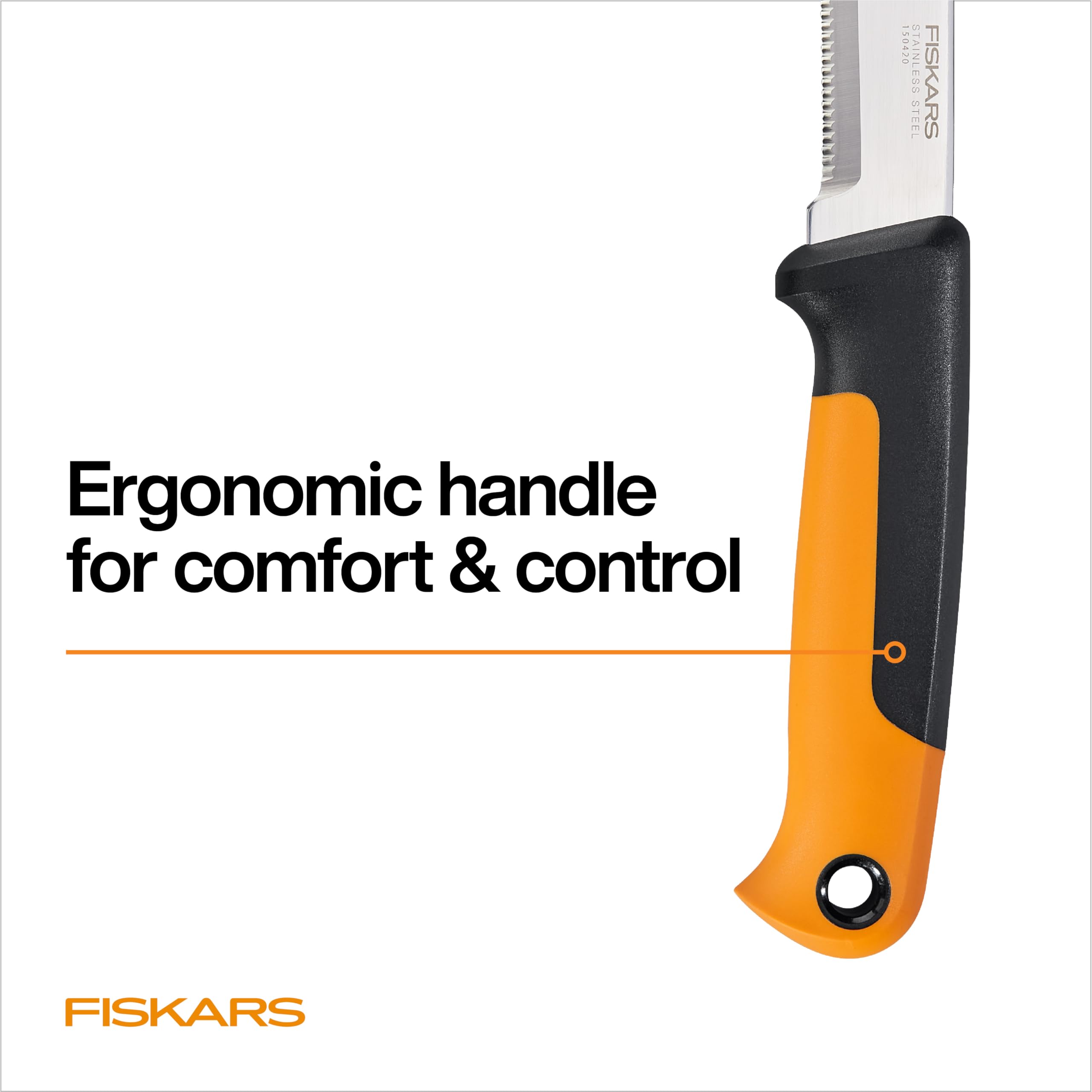 Fiskars cuchillo junto a verduras muestra escala y capacidad de corte