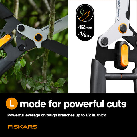 Fiskars tijeras en uso recortando un seto, ahorro de tiempo y esfuerzo
