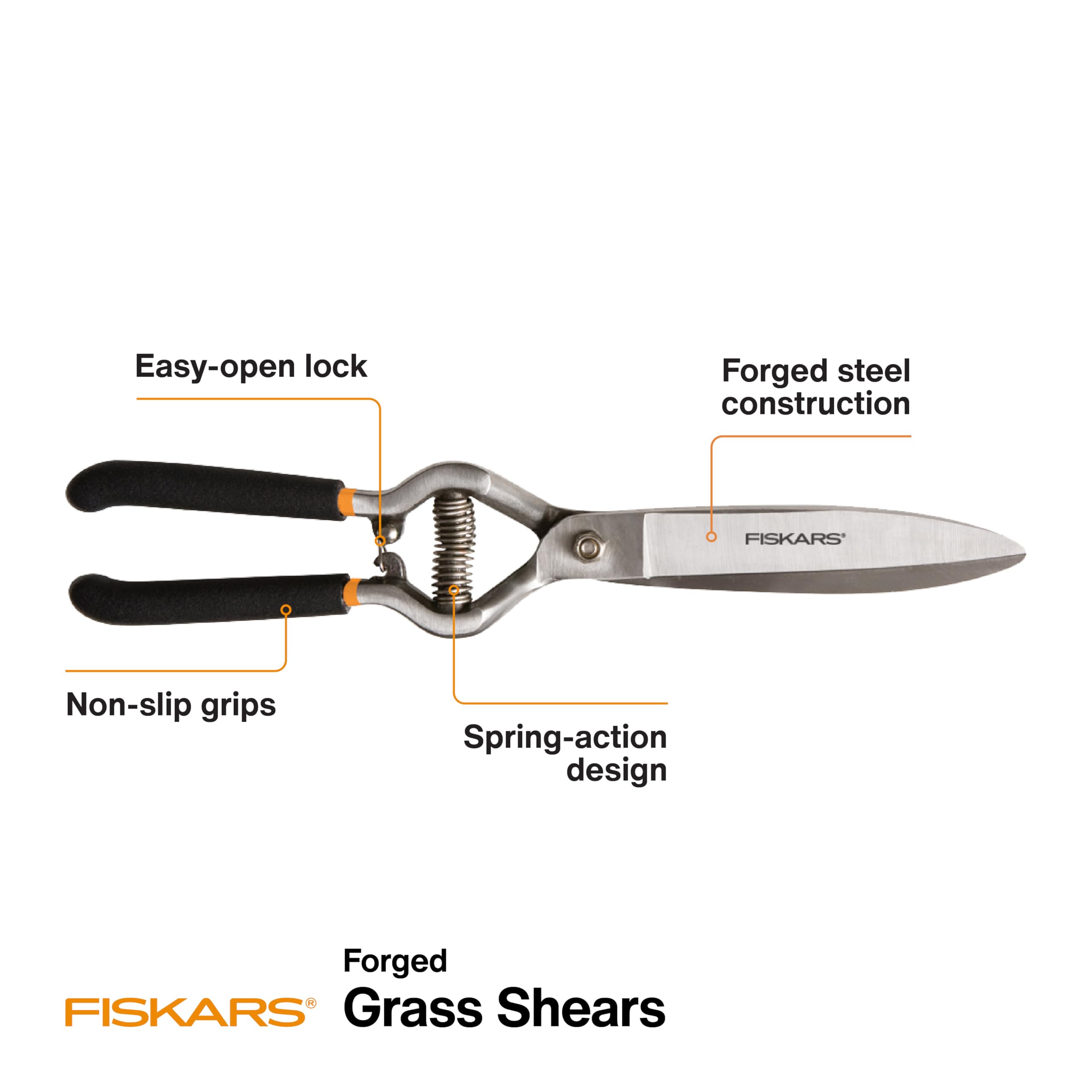 Fiskars tijeras en uso recortando bordes junto a macizo, mayor precisión