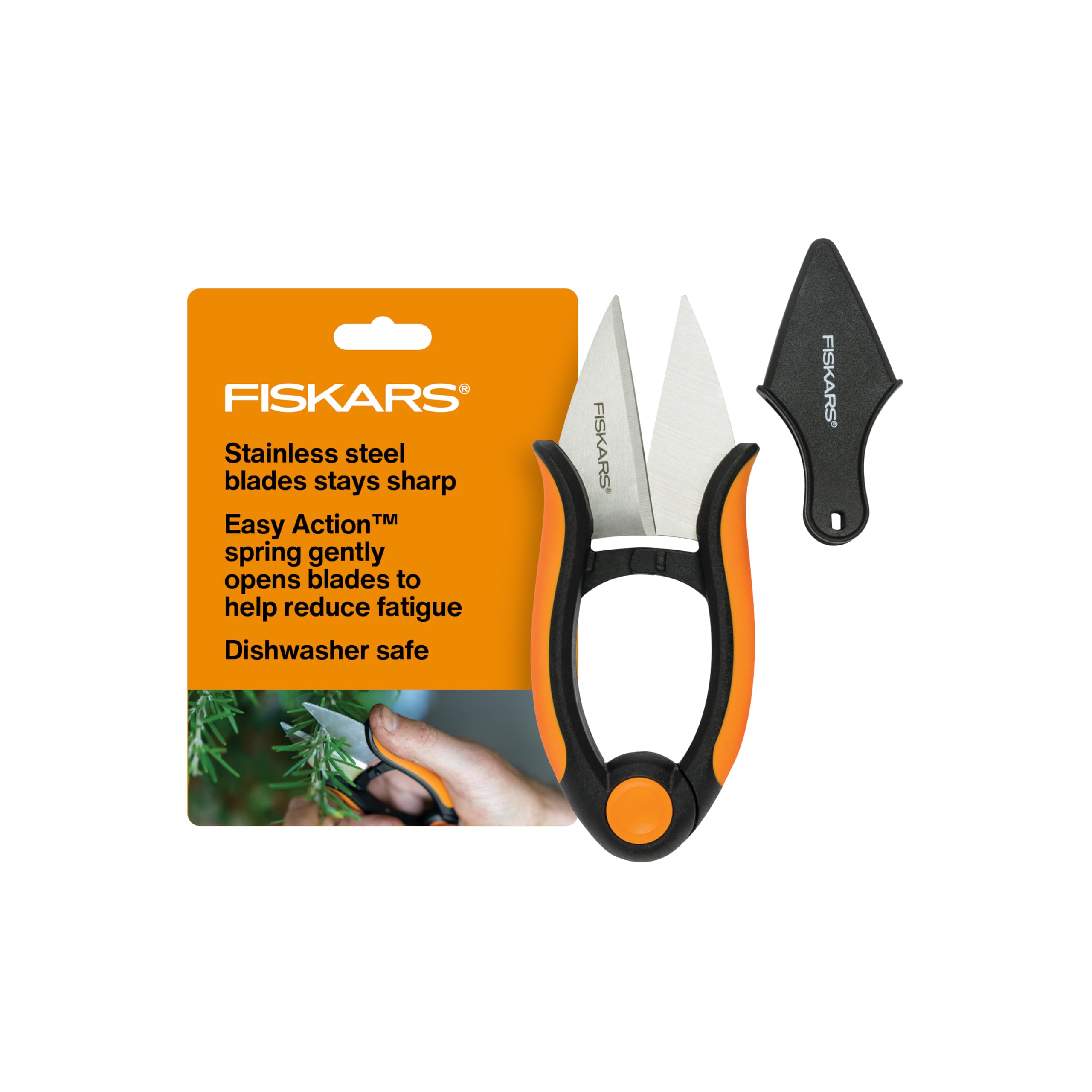 Fiskars tijeras hierbas frontal mostrando diseño compacto y control