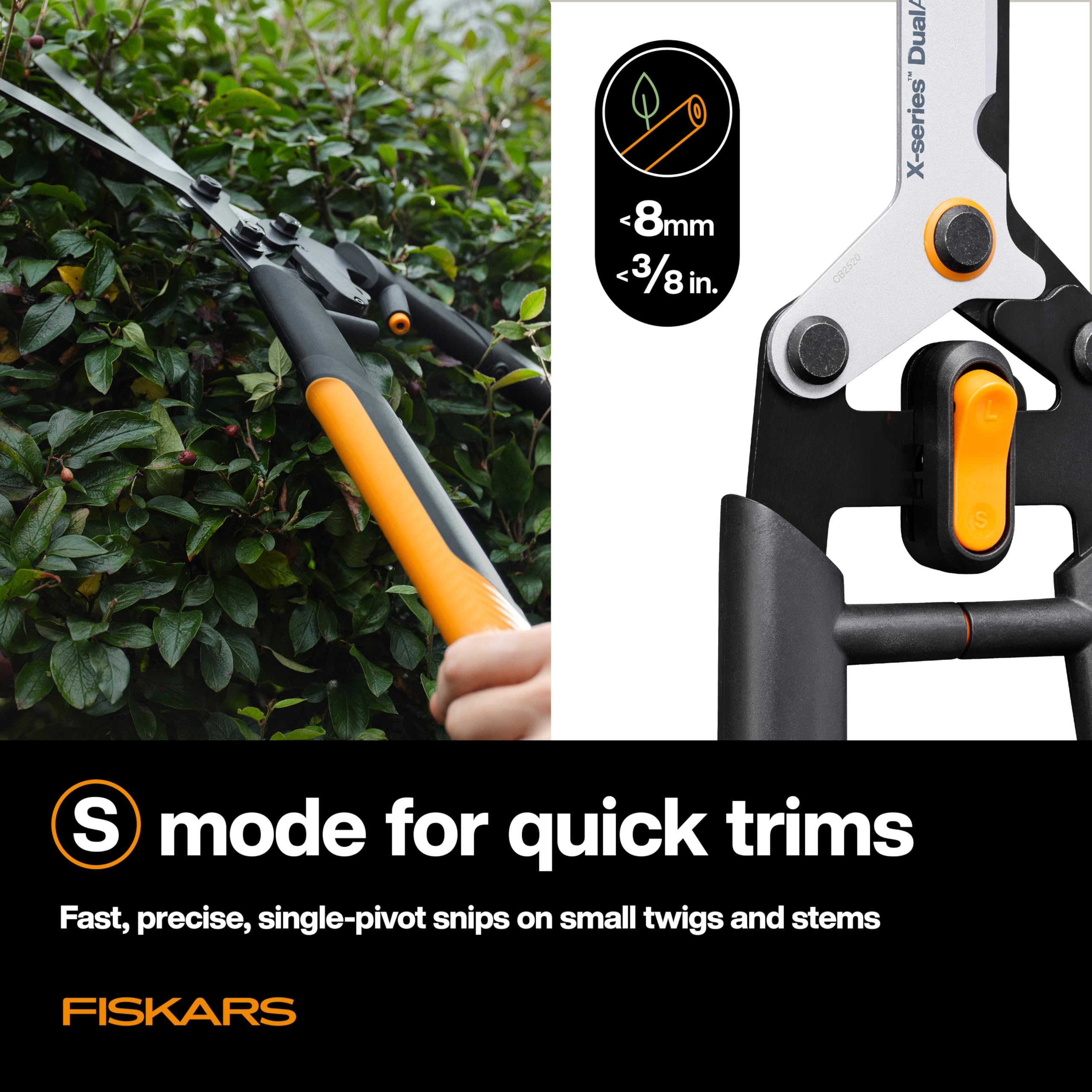 Fiskars mecanismo DualAction ilustrado cambiando entre modos de corte
