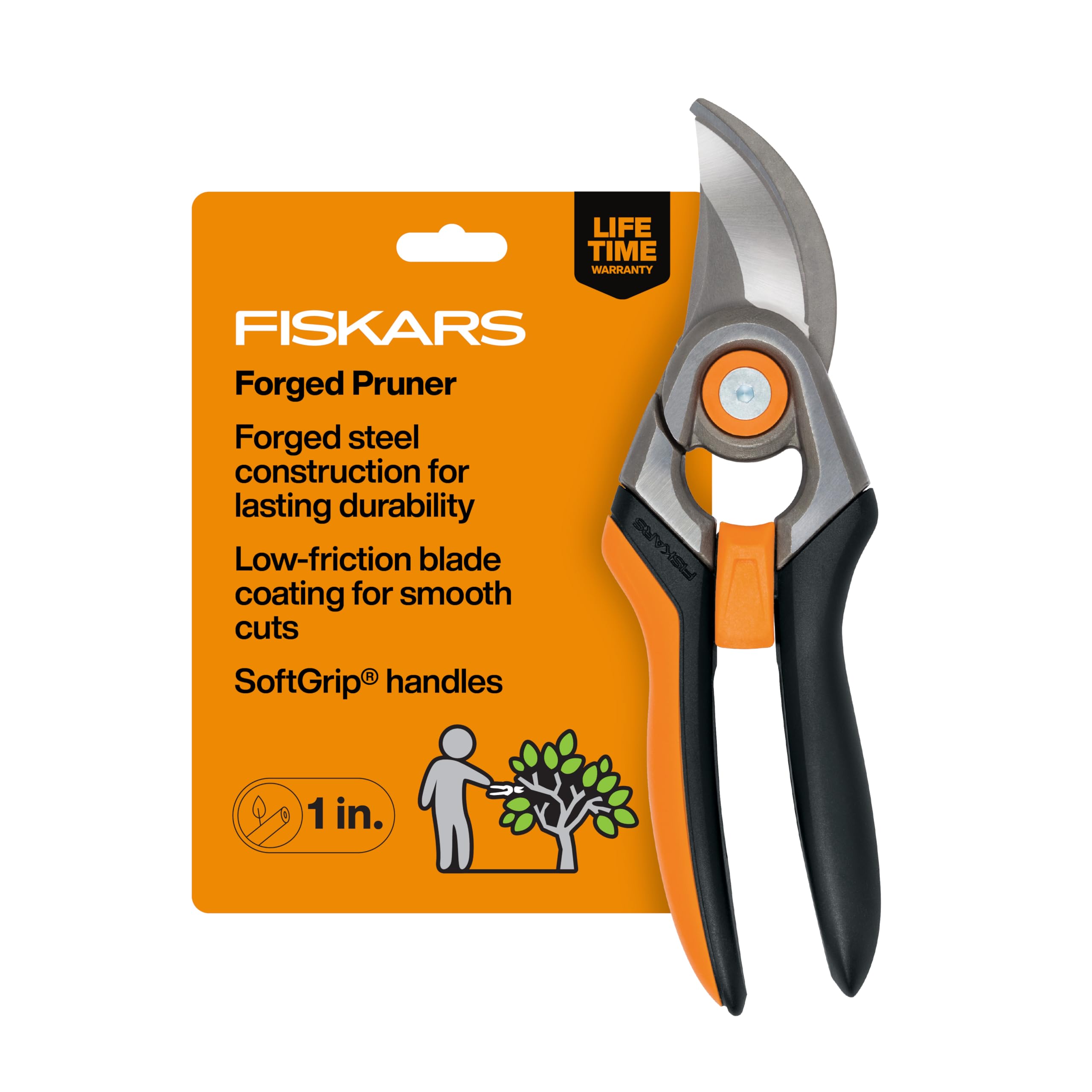 Fiskars tijeras de poda frontal mostrando diseño robusto y beneficio durabilidad