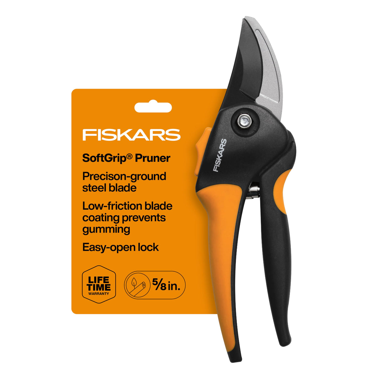 Fiskars tijeras de podar frontal mostrando diseño y beneficio de durabilidad