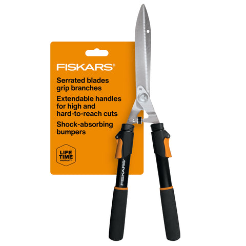 Fiskars tijeras setos frontal mostrando diseño ergonómico y control