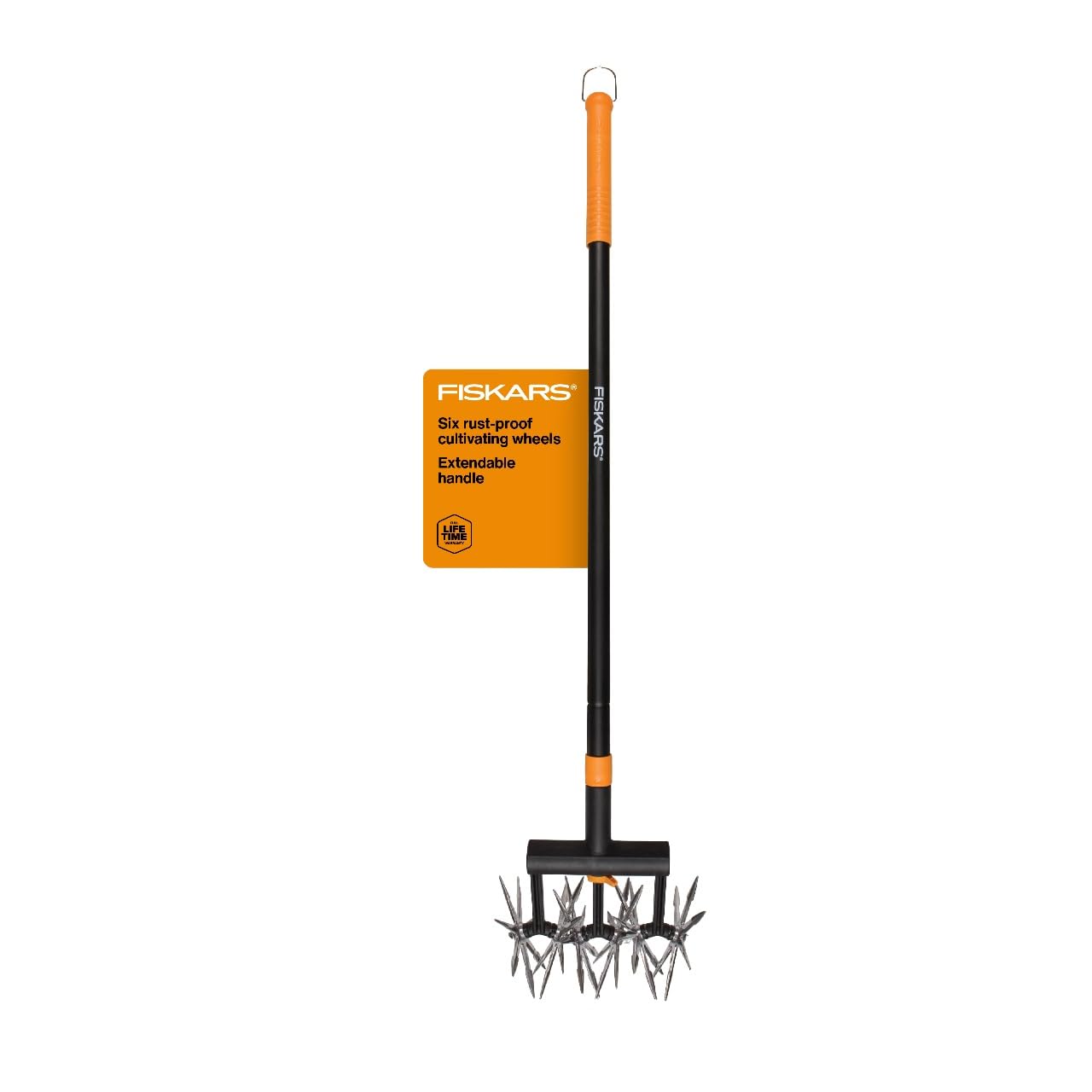 Fiskars vista frontal de la herramienta mostrando diseño ergonómico y alcance