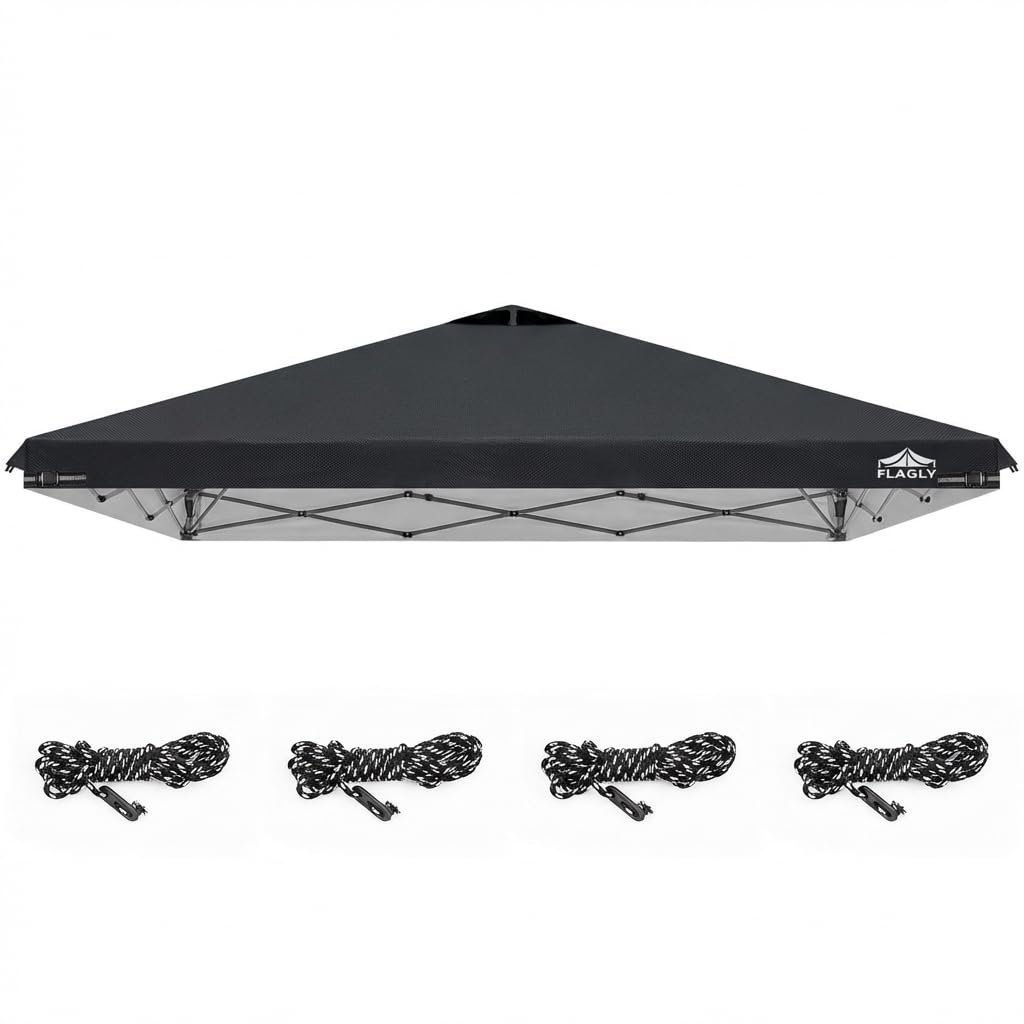FLAGLY frontal del toldo 10x10 mostrando ajuste y color negro, protección visible
