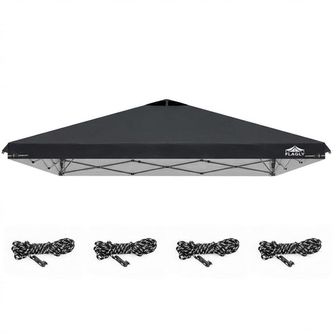 FLAGLY frontal del toldo 10x10 mostrando ajuste y color negro, protección visible