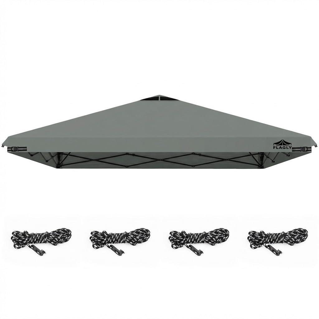 FLAGLY vista frontal del toldo 10x10 que muestra cobertura impermeable
