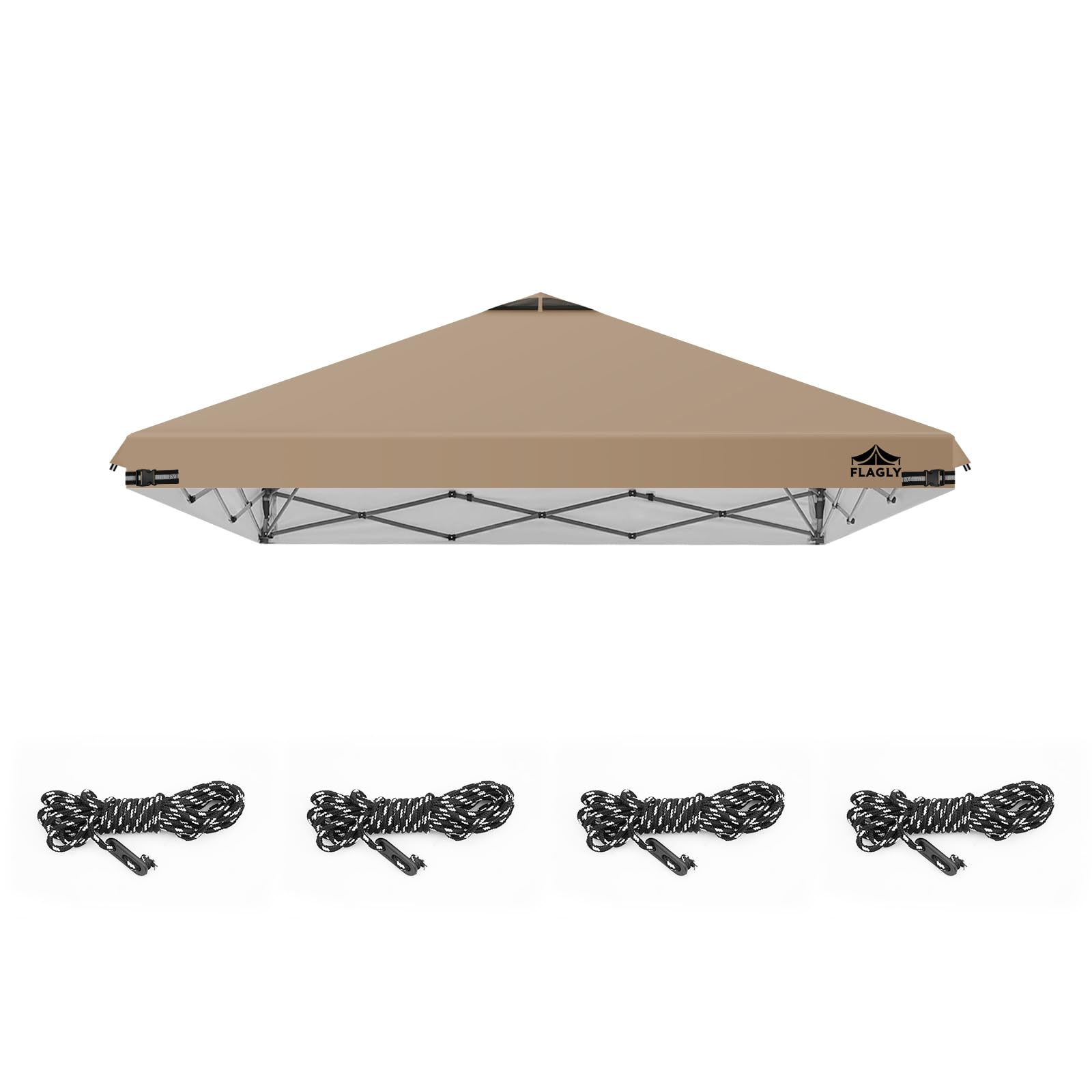 FLAGLY toldo frontal 8x8 khaki mostrando cobertura y sombra