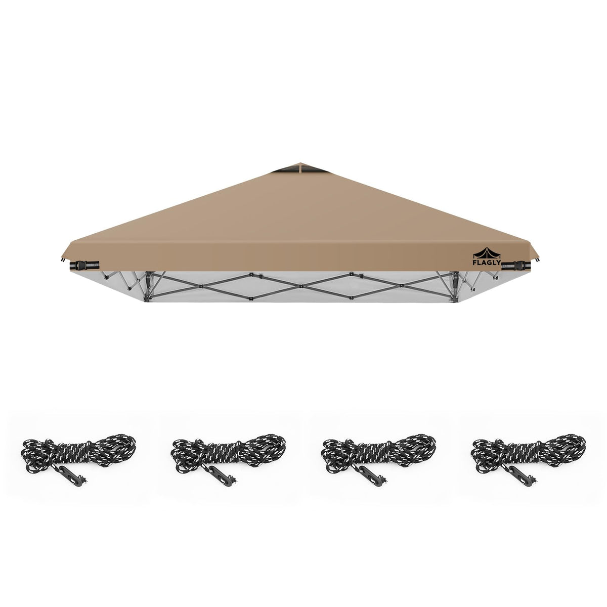 FLAGLY toldo frontal 8x8 khaki mostrando cobertura y sombra