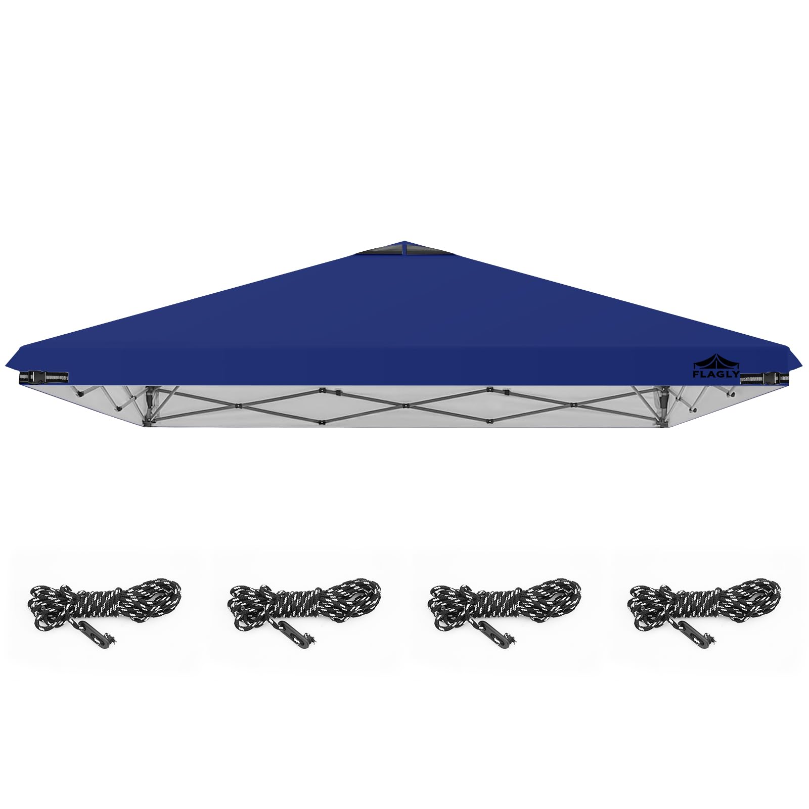 FLAGLY vista frontal del toldo azul mostrando cobertura y protección