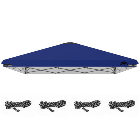 FLAGLY vista frontal del toldo azul mostrando cobertura y protección