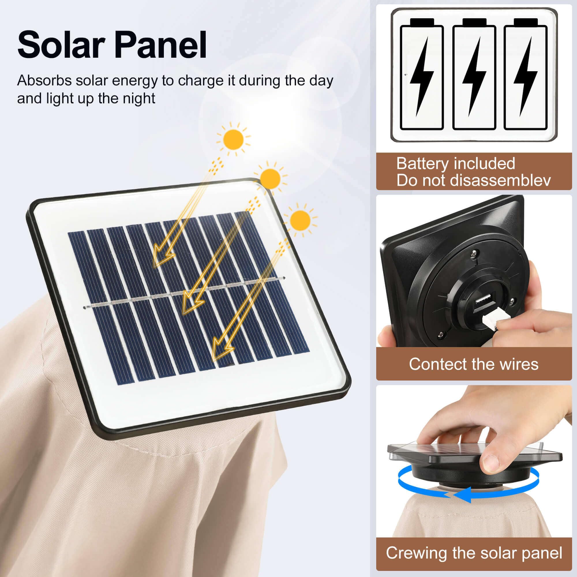 FLAME&SHADE panel solar en el poste recargando la batería NiMH