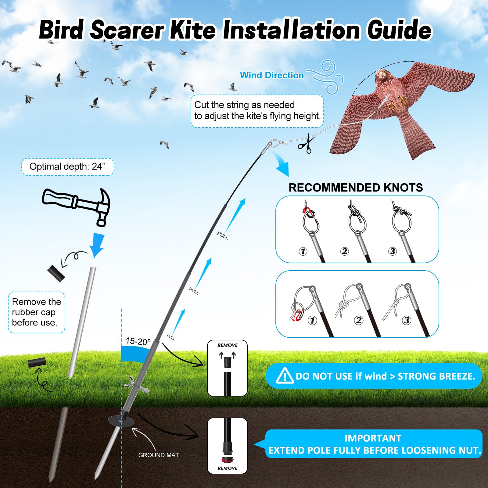 Flerigh cometa instalado en huerto protegiendo cultivo de aves