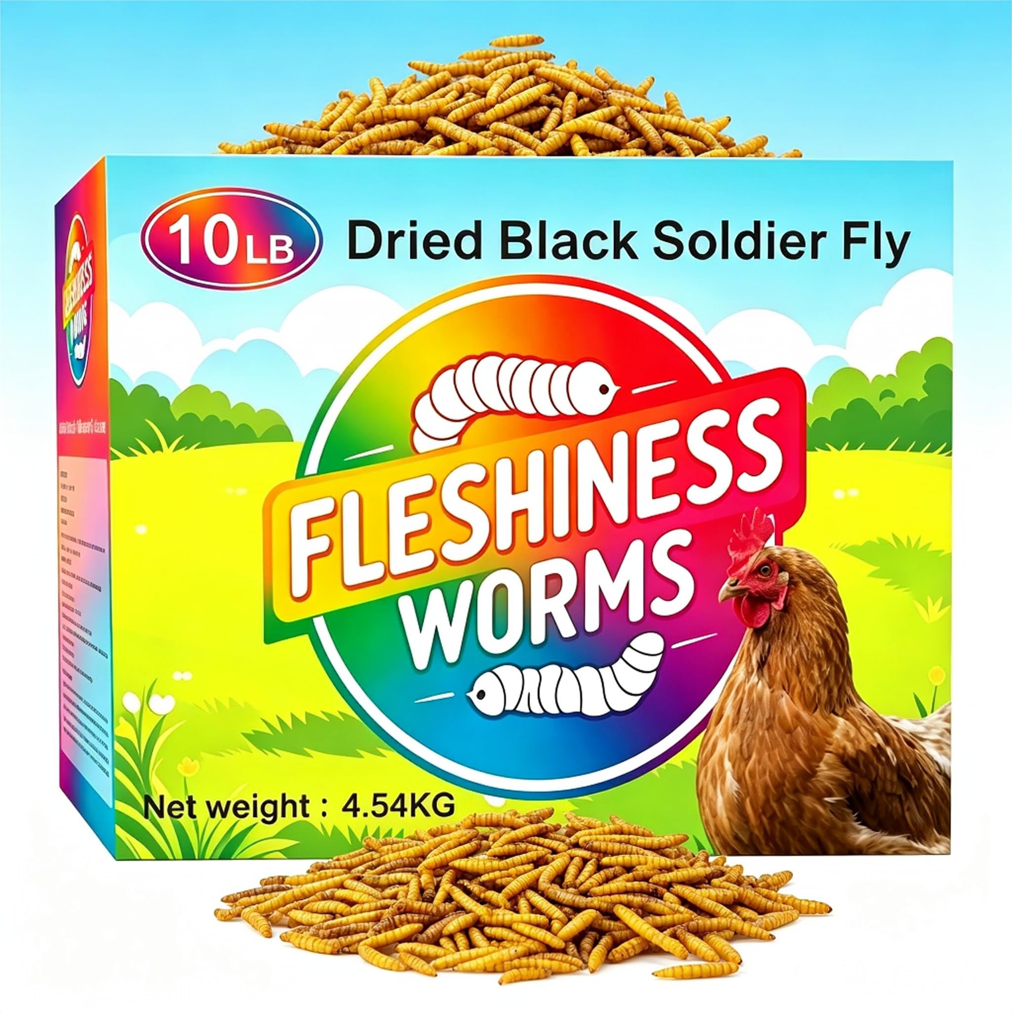 FLESHINESS WORMS frente del empaque mostrando el contenido y tamaño 10lb, solución a granel