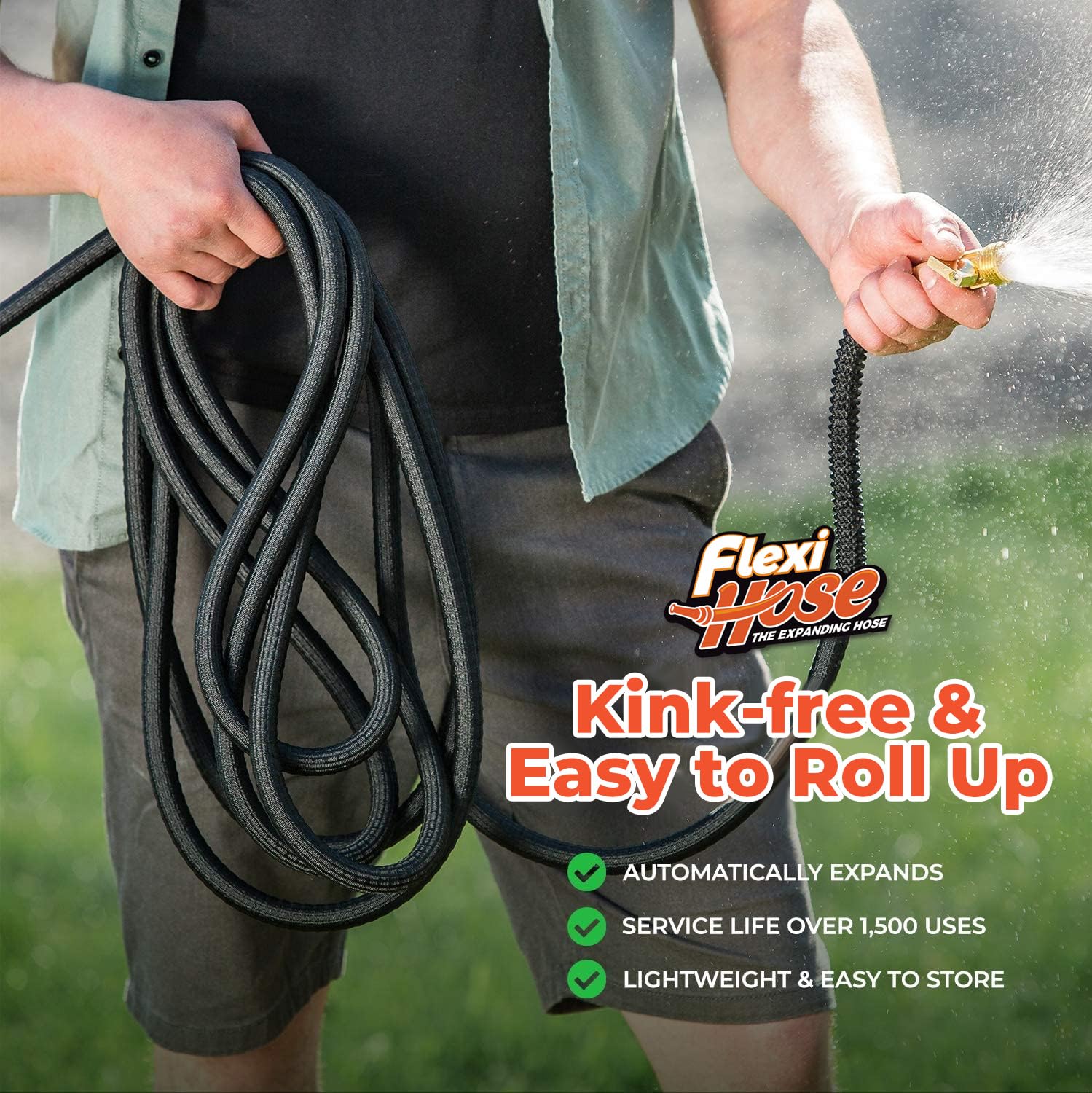 Flexi Hose plegada junto a una regla mostrando tamaño compacto para almacenar