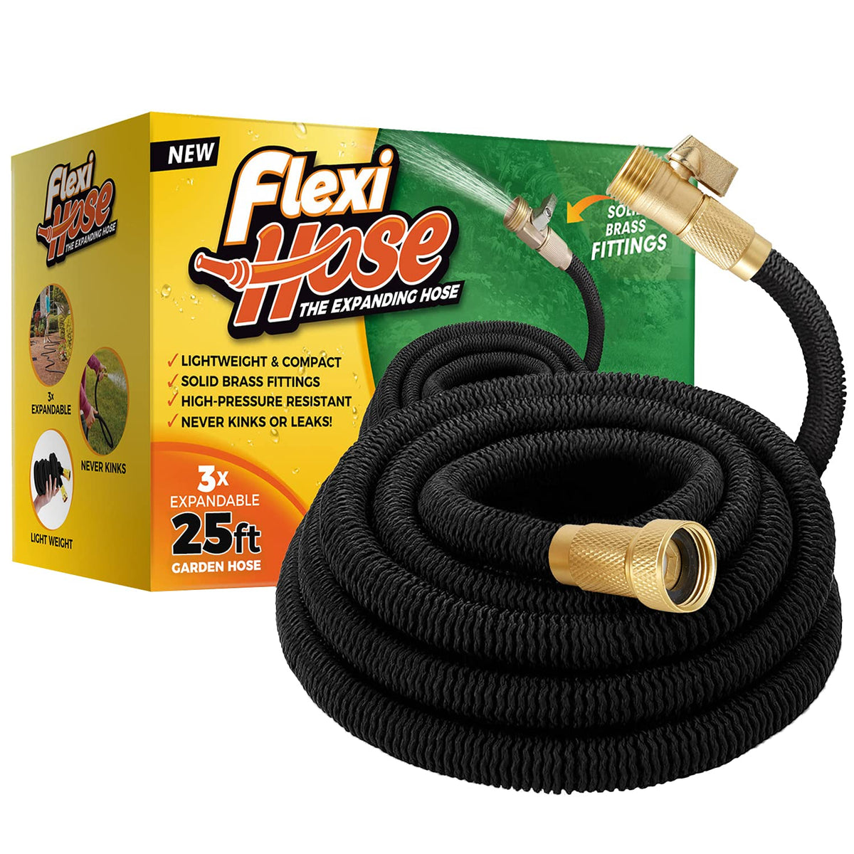 Flexi Hose vista frontal del empaque mostrando ligereza y longitud