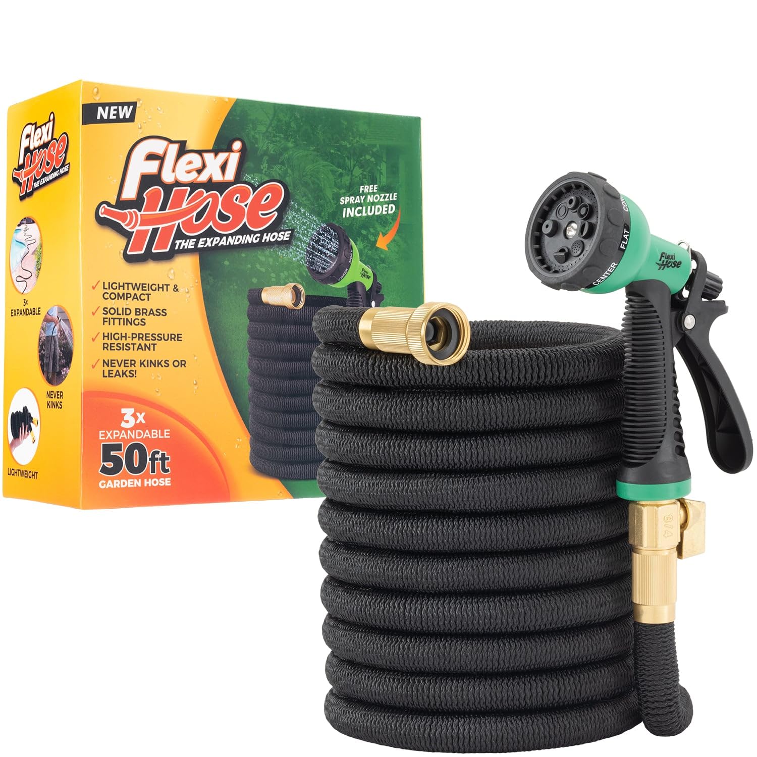 Flexi Hose vista frontal 50FT, almacenamiento compacto y manejo fácil
