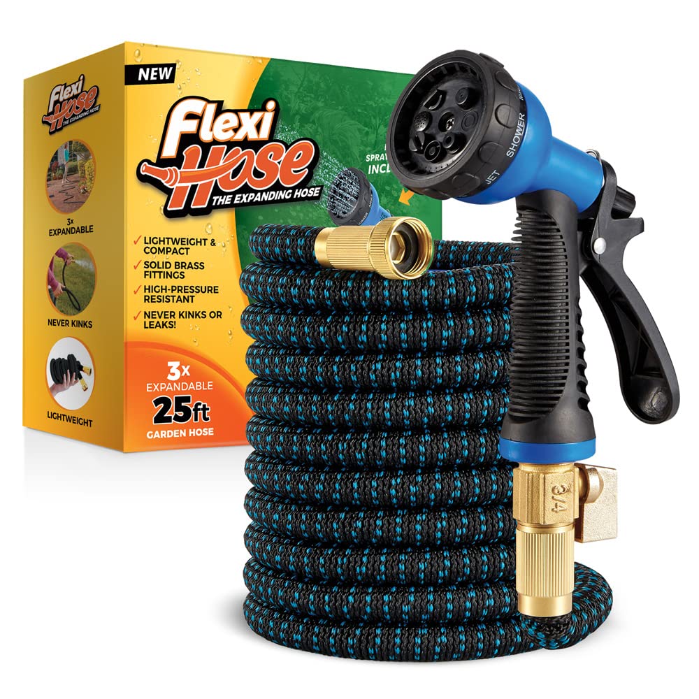 Flexi Hose vista frontal del empaque mostrando la manguera y accesorios, facilita almacenamiento