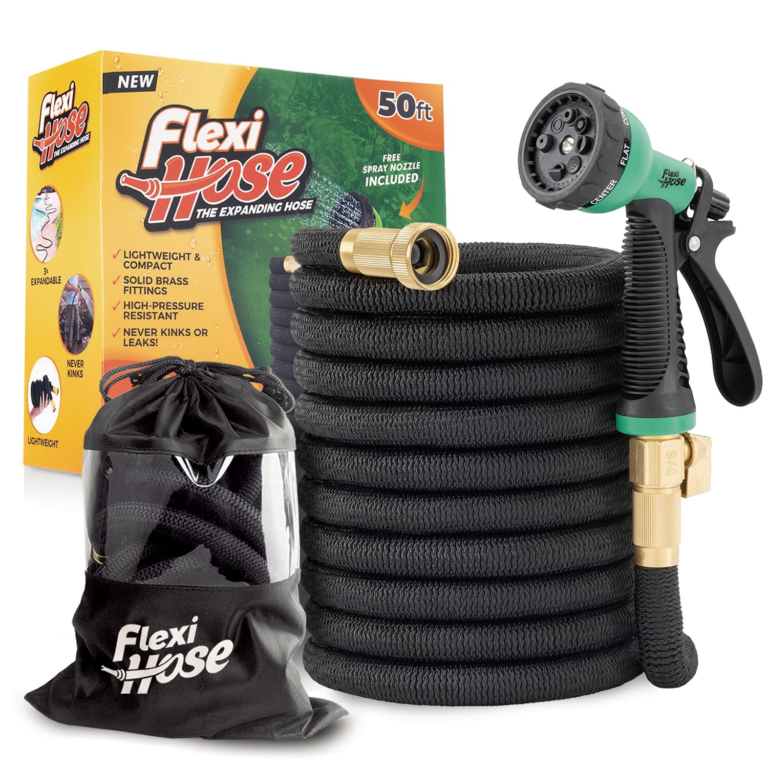 Flexi Hose plus frontal del paquete mostrando contenido y beneficios de kit completo