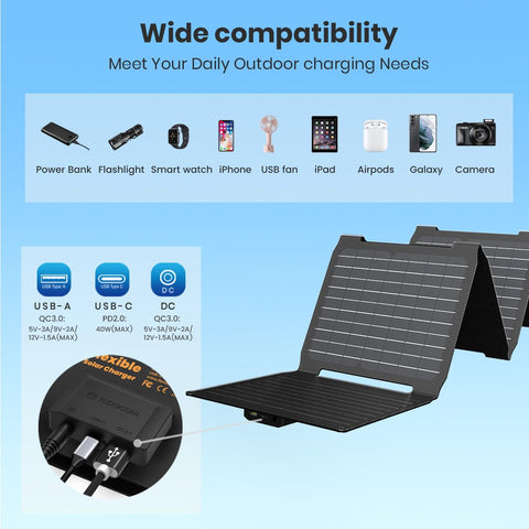 FlexSolar puertos USB-C PD, USB-A QC y salida DC listos para cargar dispositivos