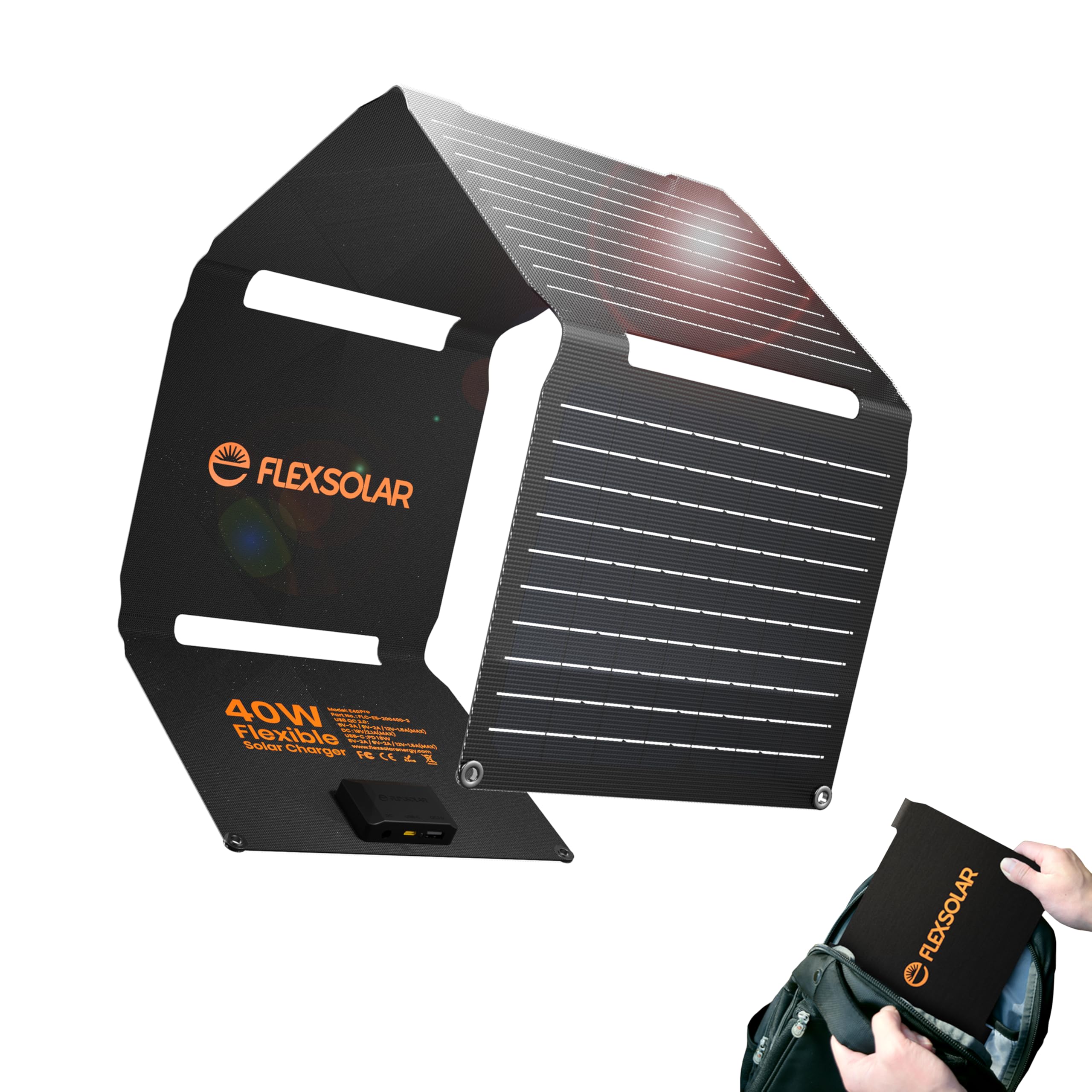 FlexSolar panel frontal empaquetado mostrando diseño plegable y portabilidad