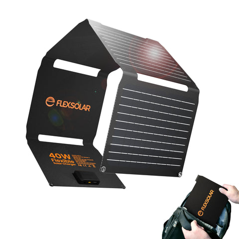 FlexSolar panel frontal empaquetado mostrando diseño plegable y portabilidad