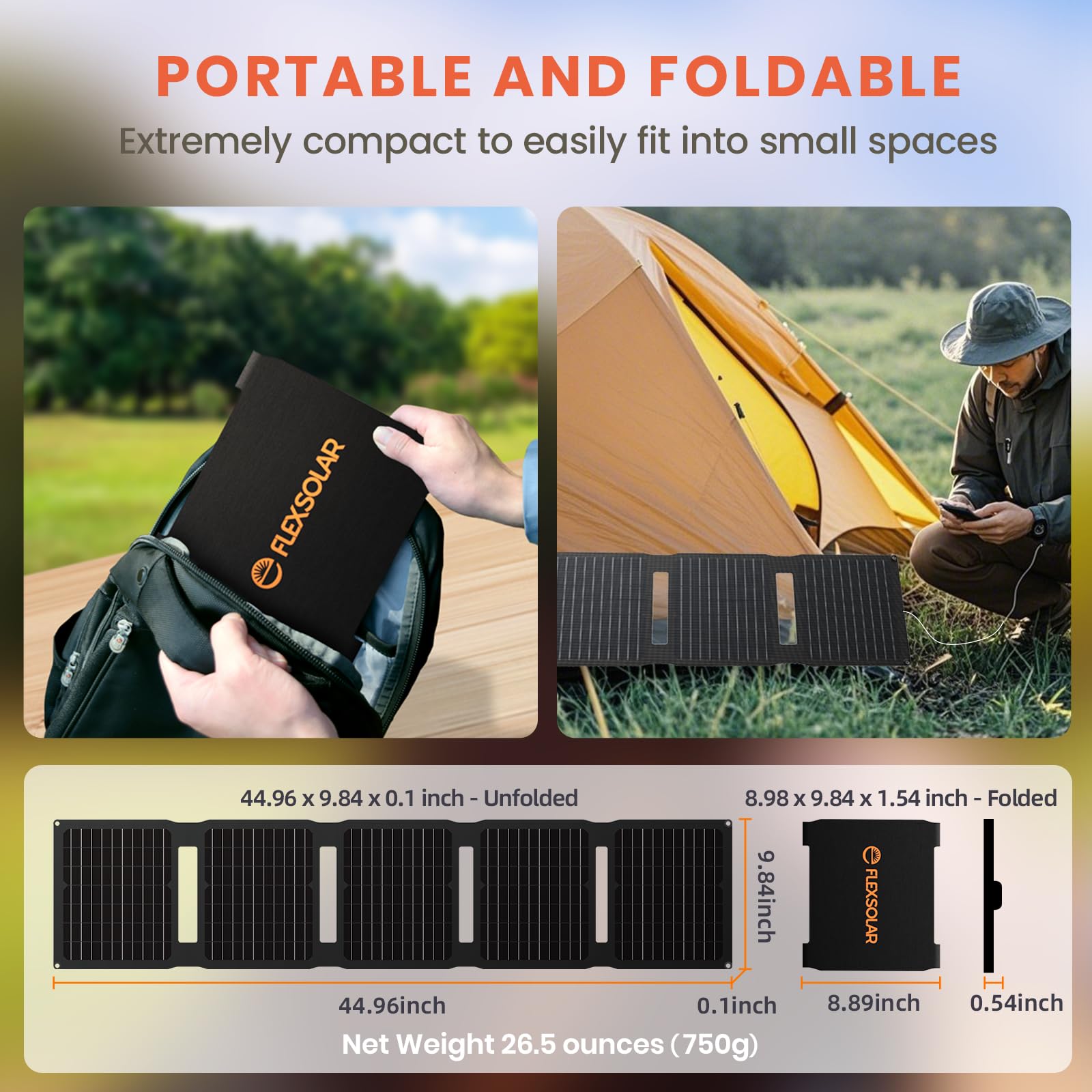 FlexSolar panel plegado dentro de una mochila para viaje ligero