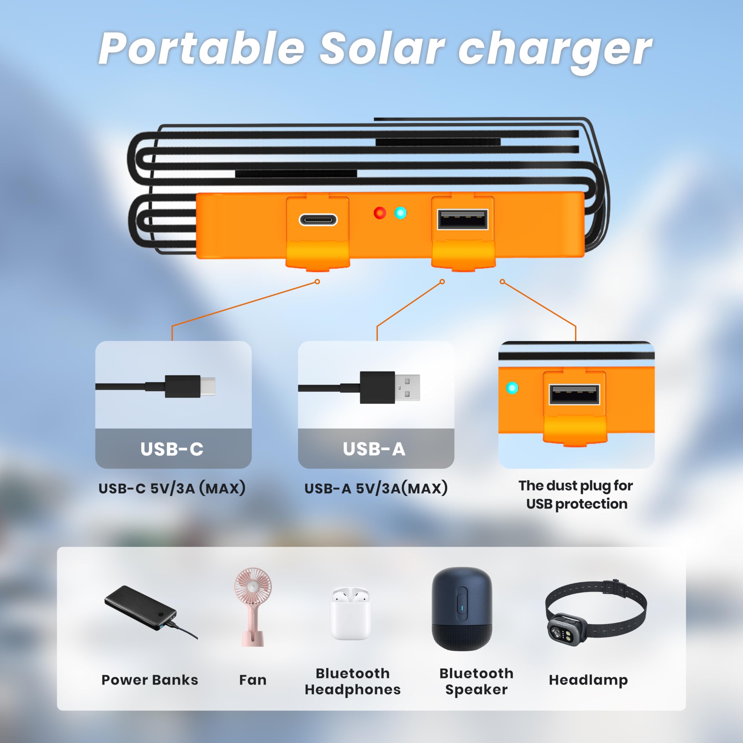 FlexSolar puertos USB-A y USB-C mostrando carga dual confiable