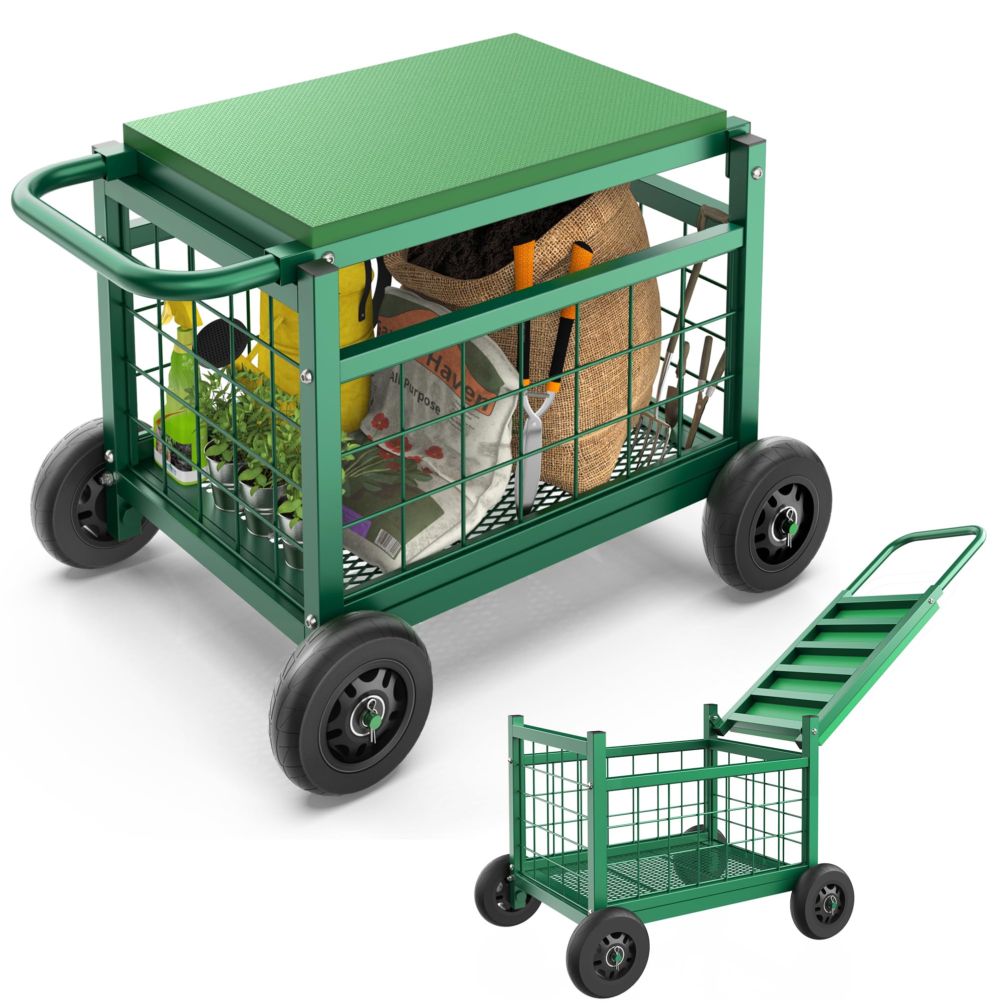 FLINTER vista frontal del carrito con cesto y asiento, transporte fácil