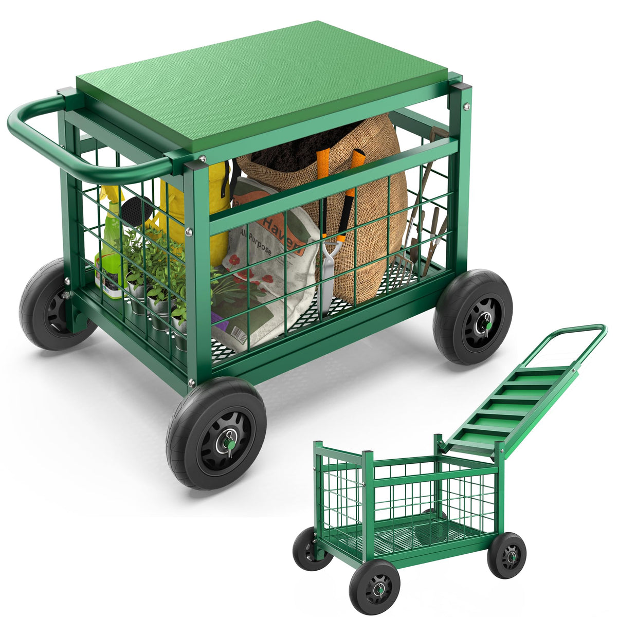 FLINTER vista frontal del carrito con cesto y asiento, transporte fácil