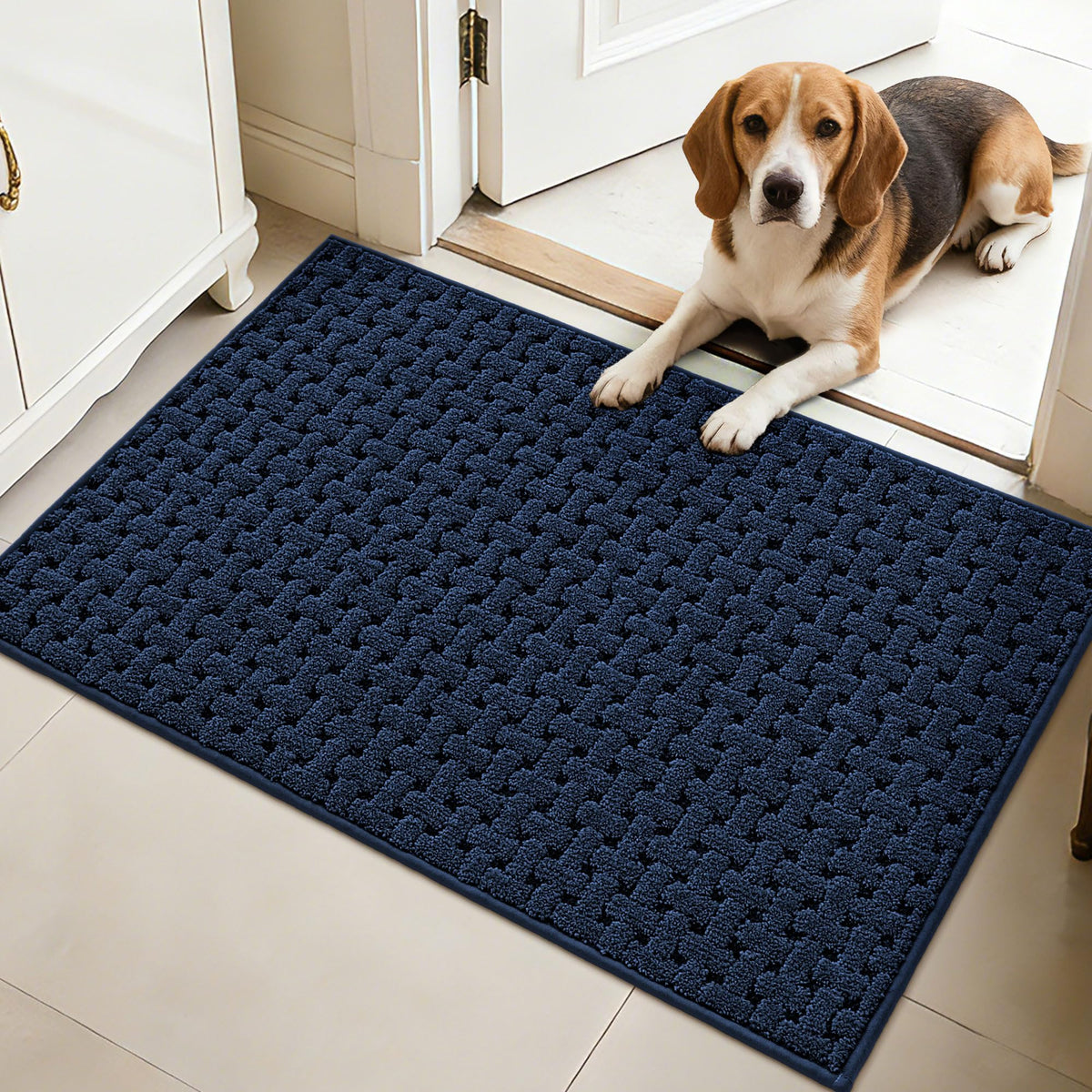 FLOORHUG felpudo frontal azul mostrando estilo y protección contra suciedad